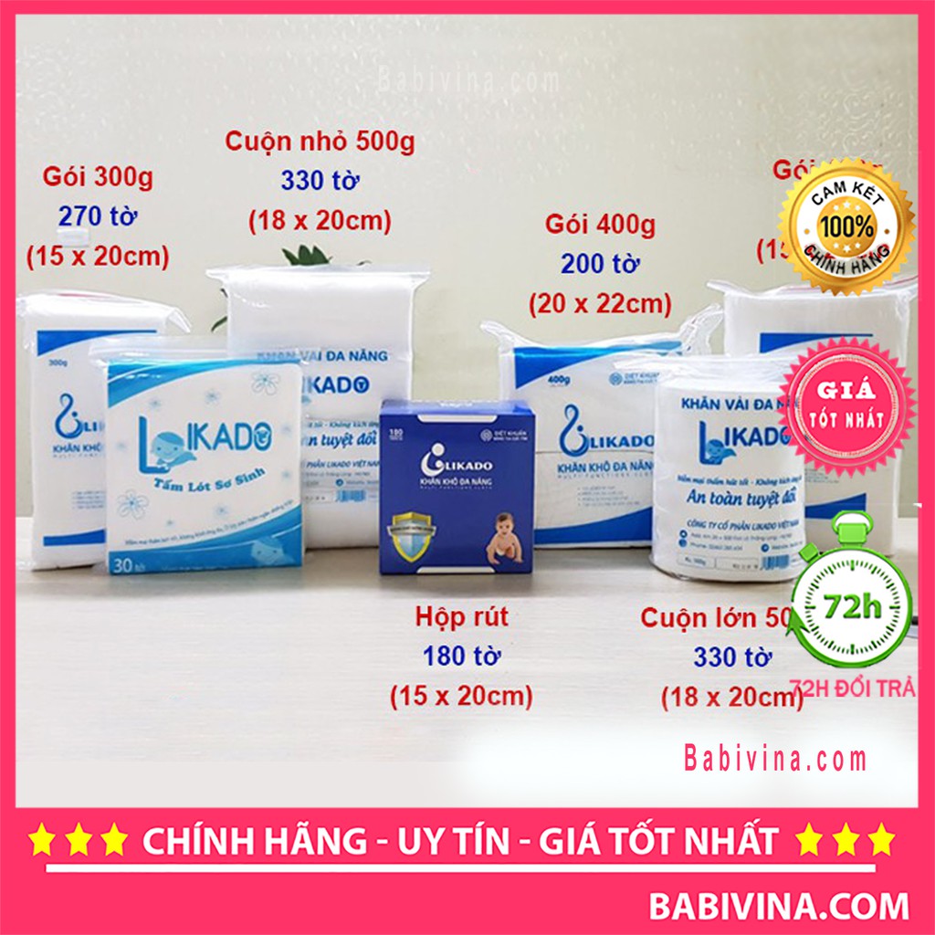 Combo 5 Gói Khăn Khô Đa Năng Likado 400g 20x22 cm | Thấm Hút, Đa Năng, An Toàn, Mềm Mịn Cho Làn Da Bé Yêu | Chính Hãng Likado Việt Nam | Babivina, Khăn Chính Hãng, Bán Lẻ Giá Sỉ