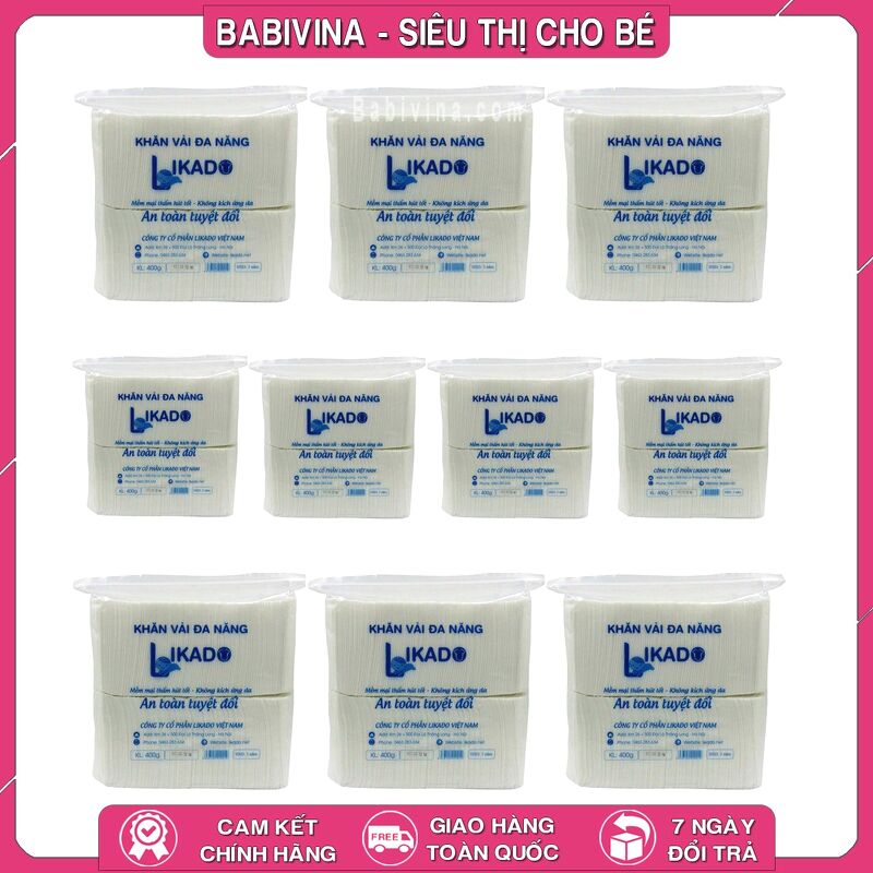 Combo 10 Gói Khăn Khô Đa Năng Likado 400g 20x22 cm | Thấm Hút, Đa Năng, An Toàn, Mềm Mịn Cho Làn Da Bé Yêu | Chính Hãng Likado Việt Nam | Babivina, Khăn Chính Hãng, Bán Lẻ Giá Sỉ