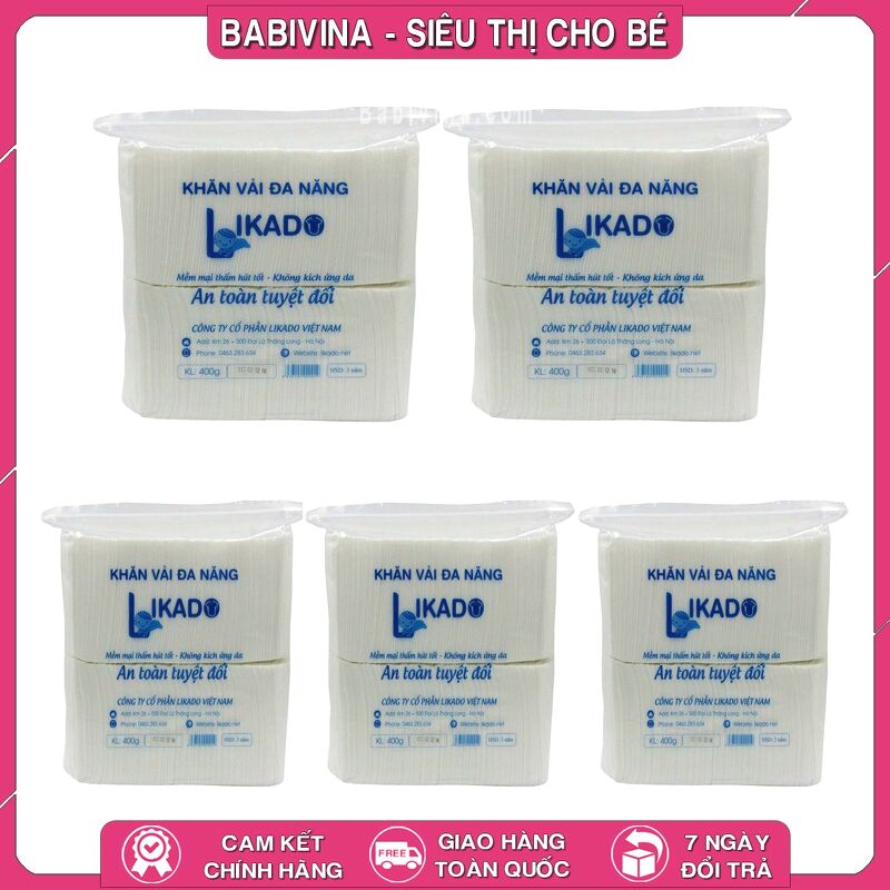 Combo 5 Gói Khăn Khô Đa Năng Likado 400g 20x22 cm | Thấm Hút, Đa Năng, An Toàn, Mềm Mịn Cho Làn Da Bé Yêu | Chính Hãng Likado Việt Nam | Babivina, Khăn Chính Hãng, Bán Lẻ Giá Sỉ