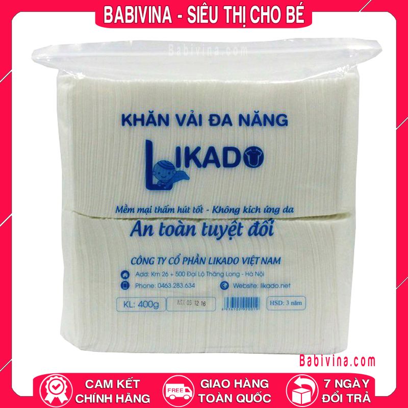 Combo 10 Gói Khăn Khô Đa Năng Likado 400g 20x22 cm | Thấm Hút, Đa Năng, An Toàn, Mềm Mịn Cho Làn Da Bé Yêu | Chính Hãng Likado Việt Nam | Babivina, Khăn Chính Hãng, Bán Lẻ Giá Sỉ