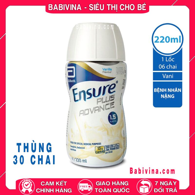 Sữa Ensure Plus Advance 220ml 1.5 kcal | Dinh Dưỡng Cho Bệnh Nhân Nặng, Phẫu Thuật, Hồi Sức Cấp Cứu, Tim Mạch, Xương Khớp | Mua Ensure Plus Advance Chính Hãng Abbott, Giá Rẻ Nhất Tại Babivina