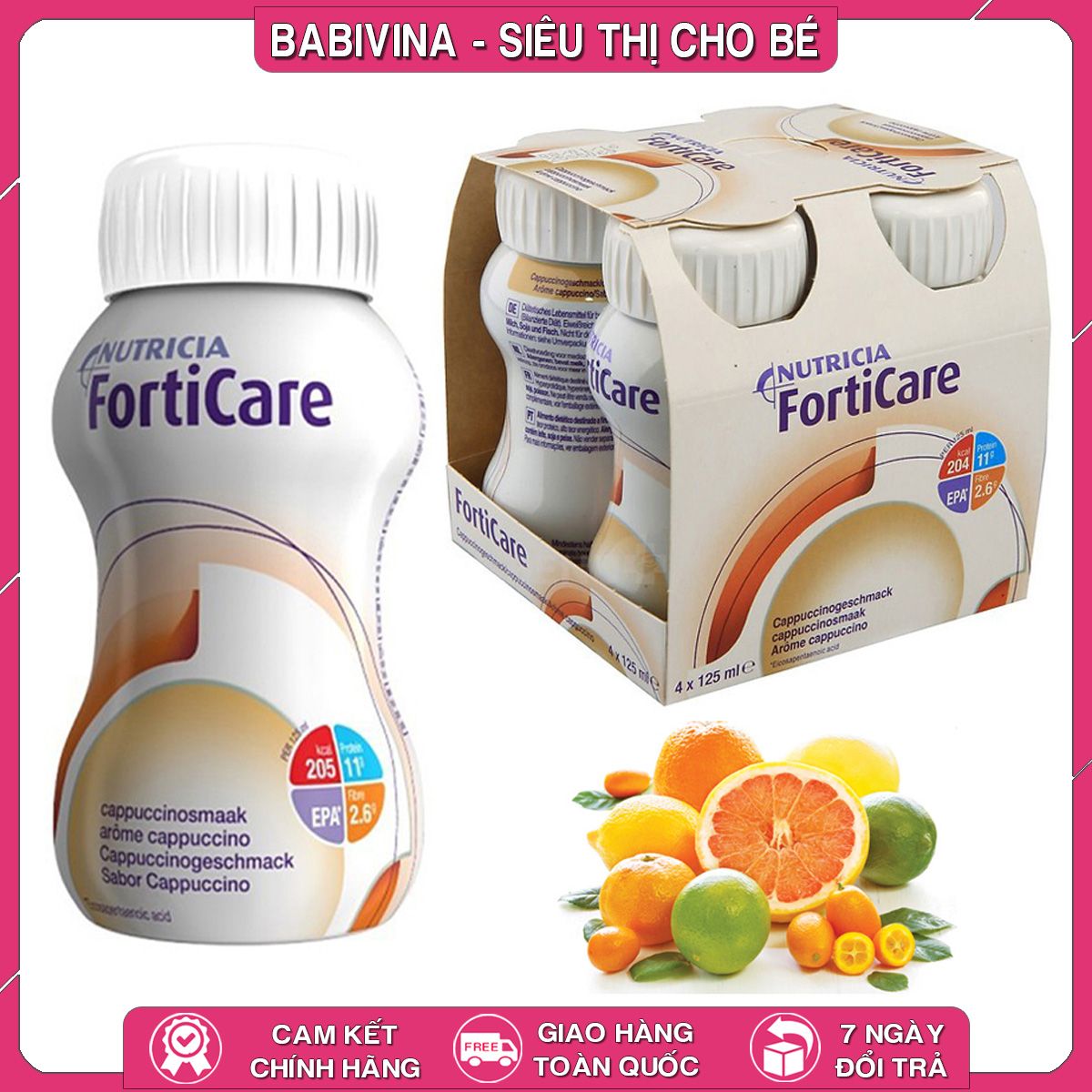 Sữa Nước FortiCare 125ml Lốc 4 Chai, Hương Cam Chanh Cao Năng Lượng Dành Cho Bệnh Nhân Ung Thư, Người Ốm Bệnh, Phẫu Thuật, Orange Lemon