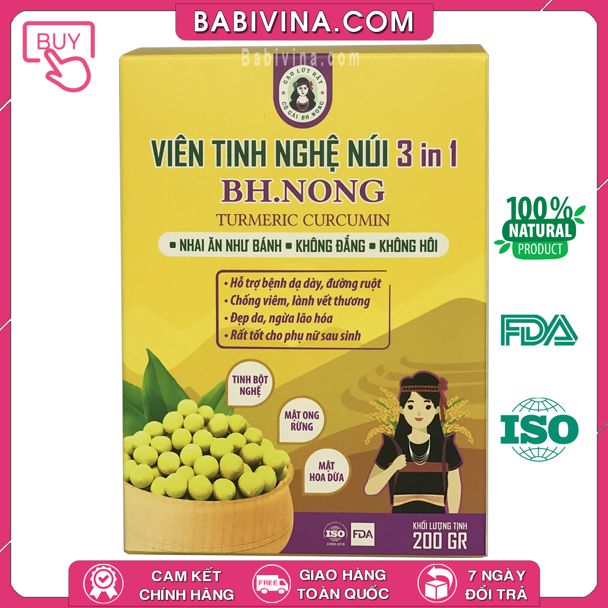 Viên Tinh Nghệ Núi 3 In 1 Bh.Nong | Không Đắng, Thơm Ngon, Tăng Đề Kháng, Giảm Tổn Thương, Tái Tạo Phục Hồi, Đẹp Da, Bệnh Dạ Dày, Đường Ruột | Bhnong, Bh Nong | Tổng Kho Phân Phối Babivina