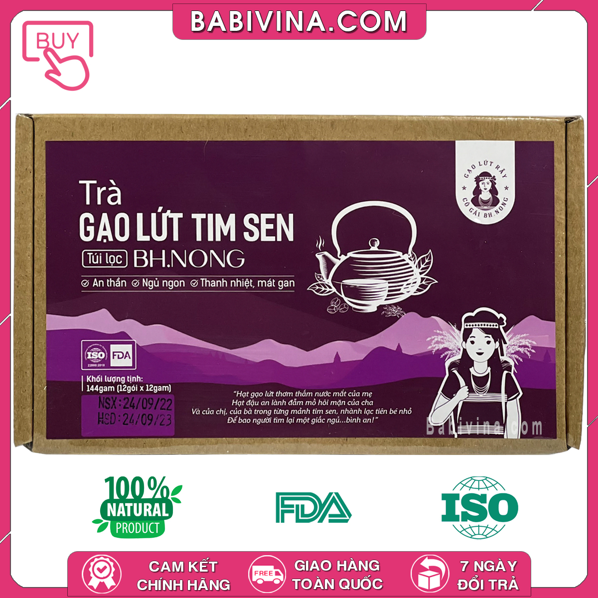 Trà Gạo Lứt Tim Sen Bh.Nong 144g | An Thần, Tĩnh Tâm, Ngủ Ngon, Giảm Cholesterol | Bhnong, Bh Nong | Tổng Kho Phân Phối Babivina