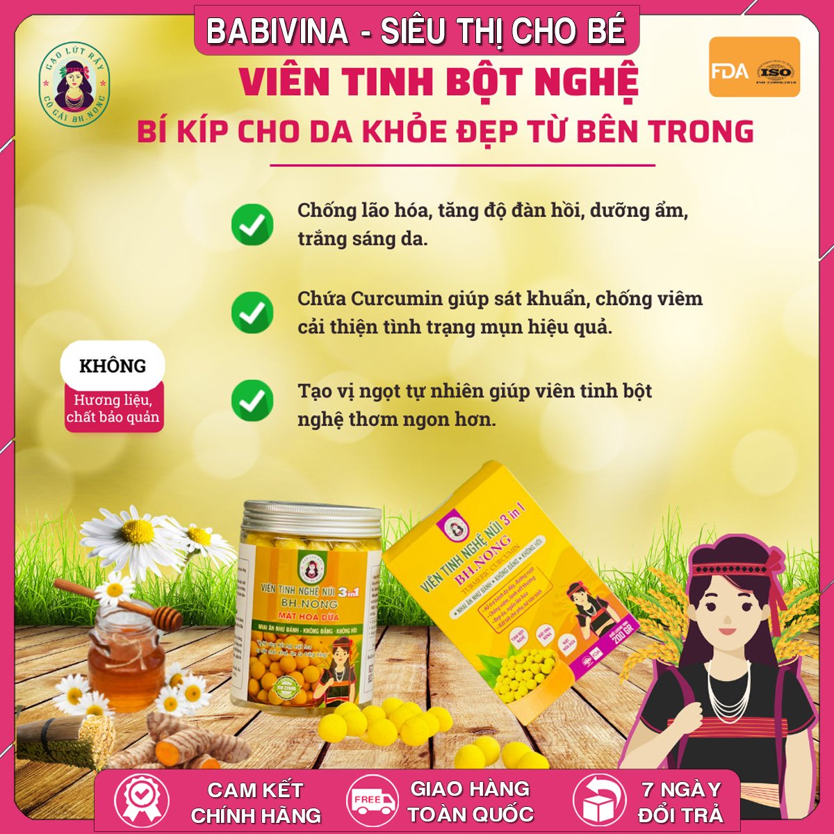 Viên Tinh Nghệ Núi 3 In 1 Bh.Nong | Không Đắng, Thơm Ngon, Tăng Đề Kháng, Giảm Tổn Thương, Tái Tạo Phục Hồi, Đẹp Da, Bệnh Dạ Dày, Đường Ruột | Bhnong, Bh Nong | Tổng Kho Phân Phối Babivina