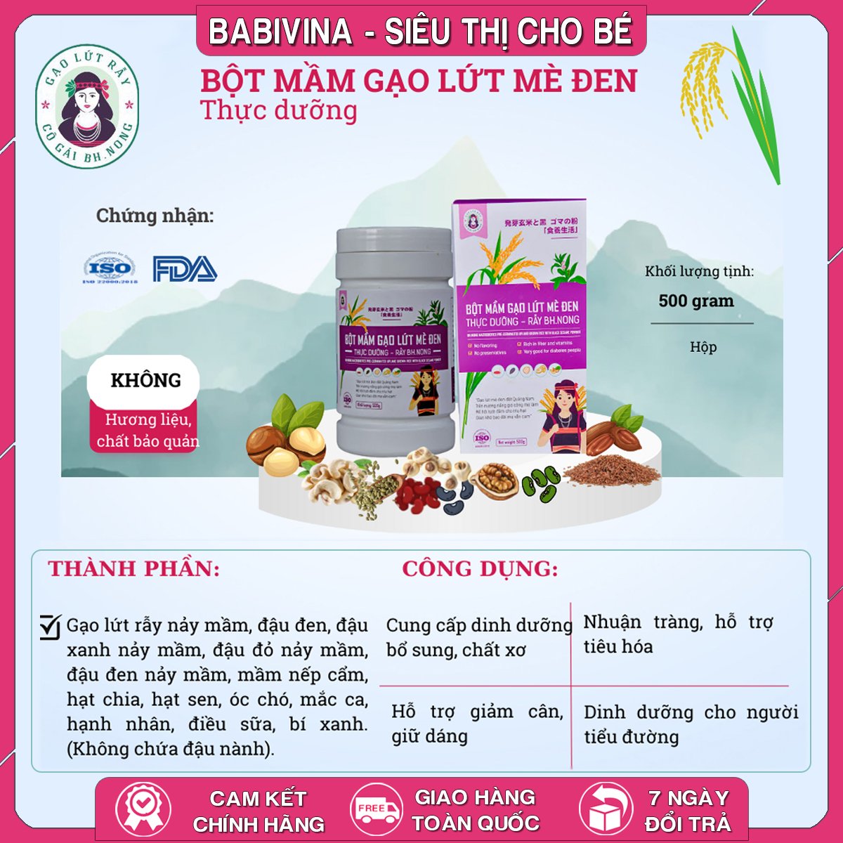 Bột Mầm Gạo Lứt Mè Đen BH.Nong 500g | Thực Dưỡng, Ăn Chay, Giảm Cân | Bhnong, Bh Nong | Tổng Kho Phân Phối Babivina