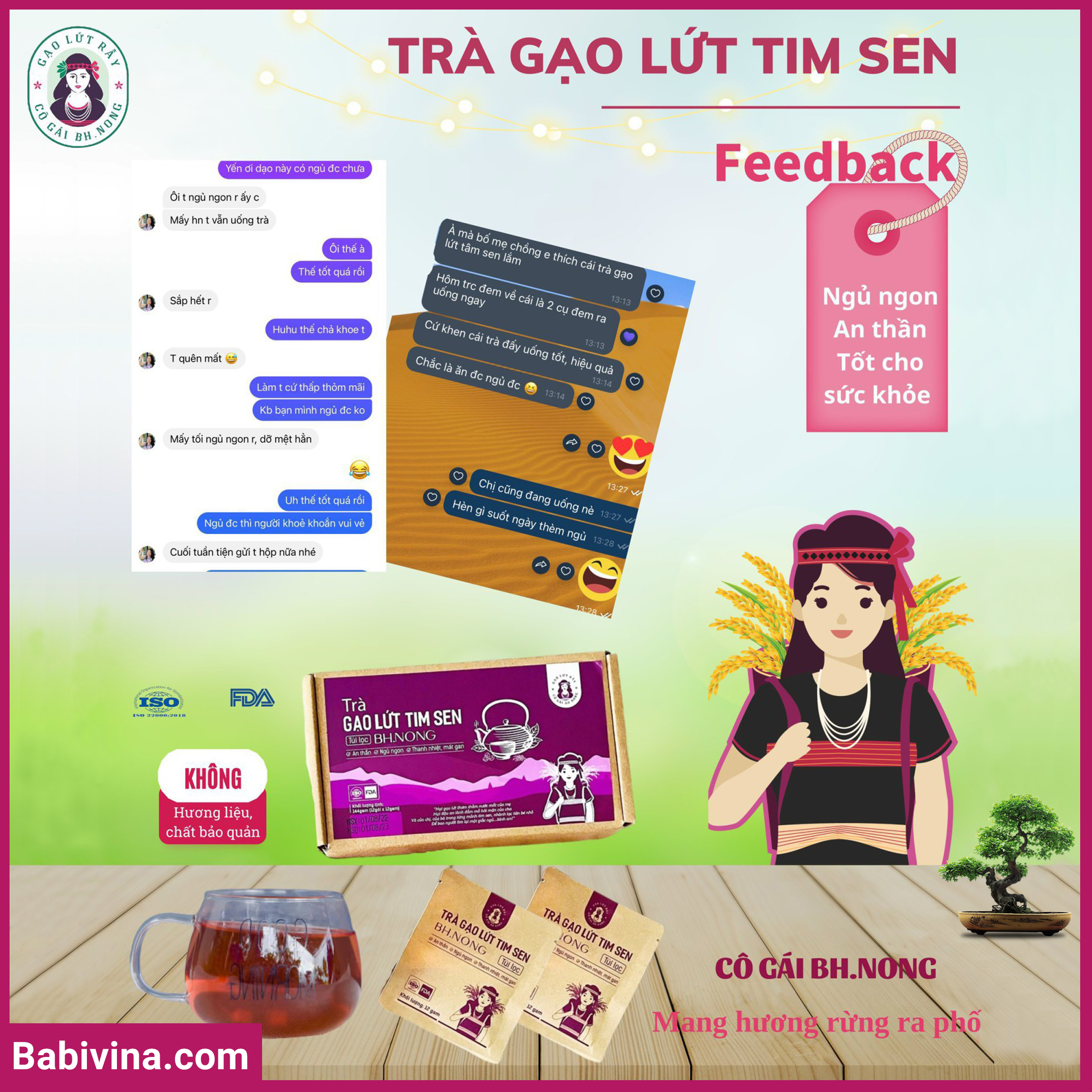 Trà Gạo Lứt Tim Sen Bh.Nong 144g | An Thần, Tĩnh Tâm, Ngủ Ngon, Giảm Cholesterol | Bhnong, Bh Nong | Tổng Kho Phân Phối Babivina