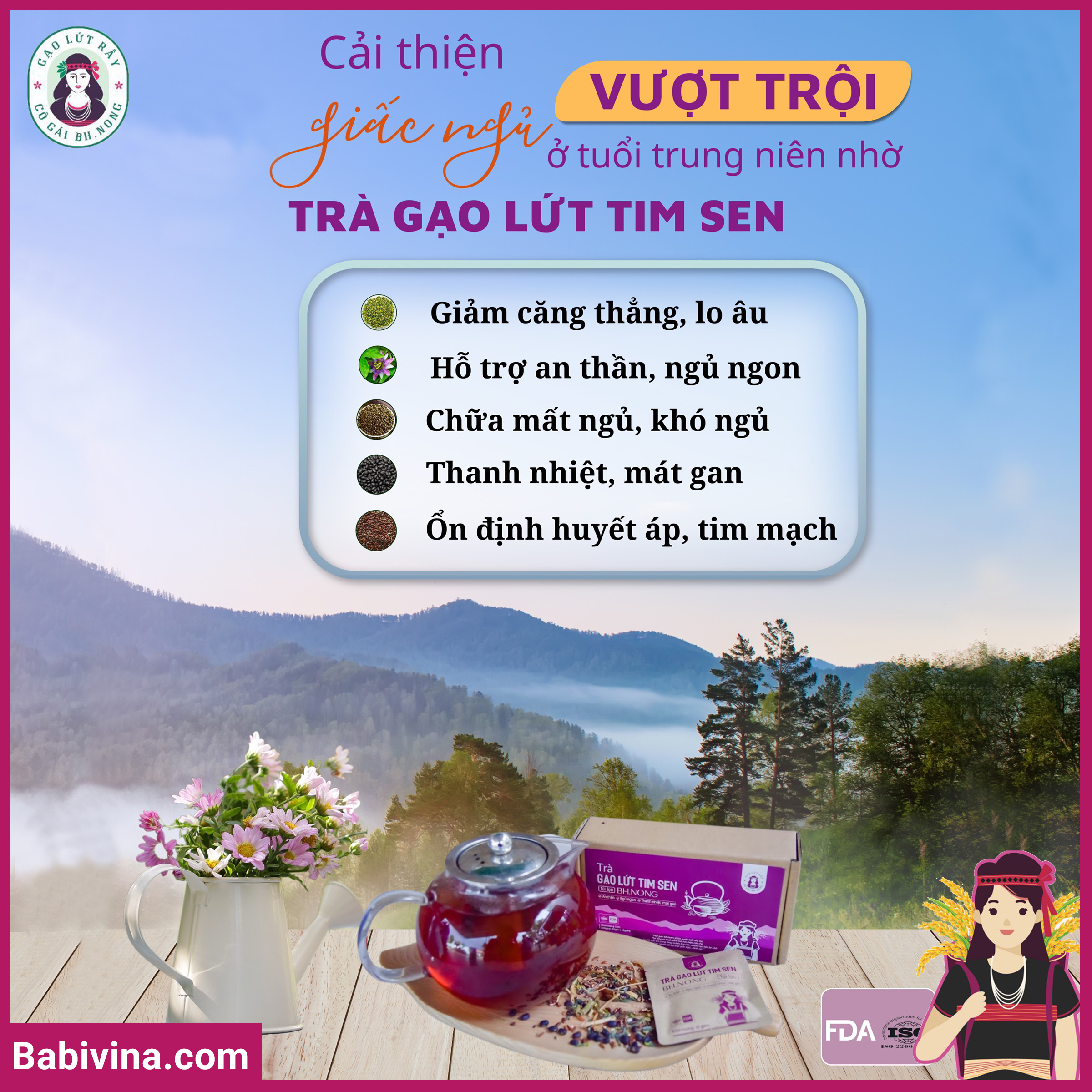 Trà Gạo Lứt Tim Sen Bh.Nong 144g | An Thần, Tĩnh Tâm, Ngủ Ngon, Giảm Cholesterol | Bhnong, Bh Nong | Tổng Kho Phân Phối Babivina