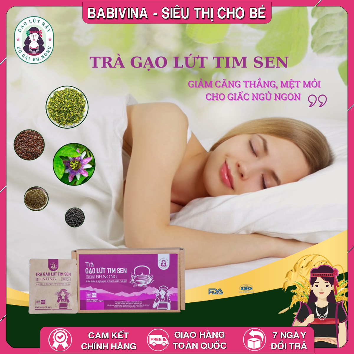 Trà Gạo Lứt Tim Sen Bh.Nong 144g | An Thần, Tĩnh Tâm, Ngủ Ngon, Giảm Cholesterol | Bhnong, Bh Nong | Tổng Kho Phân Phối Babivina