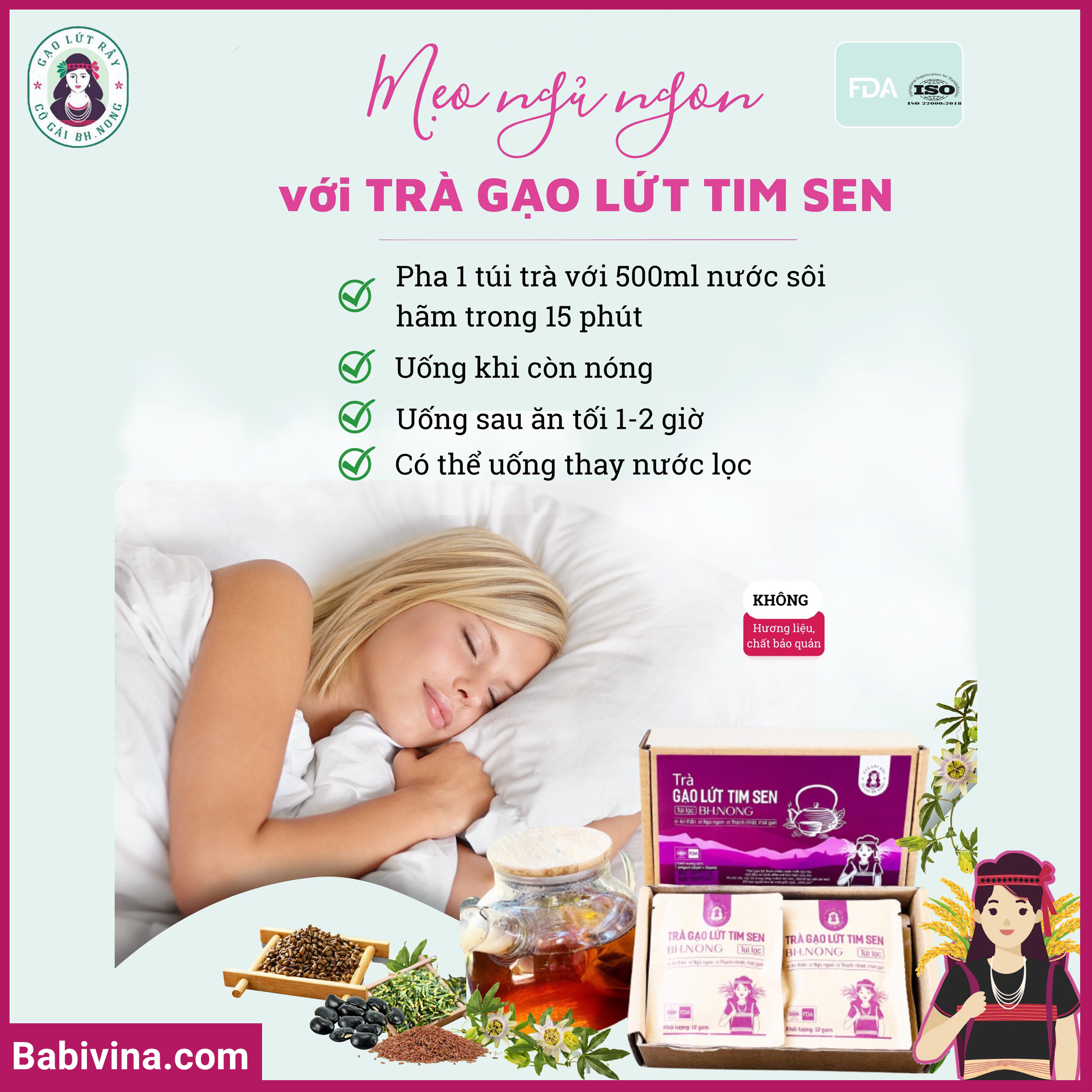 Trà Gạo Lứt Tim Sen Bh.Nong 144g | An Thần, Tĩnh Tâm, Ngủ Ngon, Giảm Cholesterol | Bhnong, Bh Nong | Tổng Kho Phân Phối Babivina