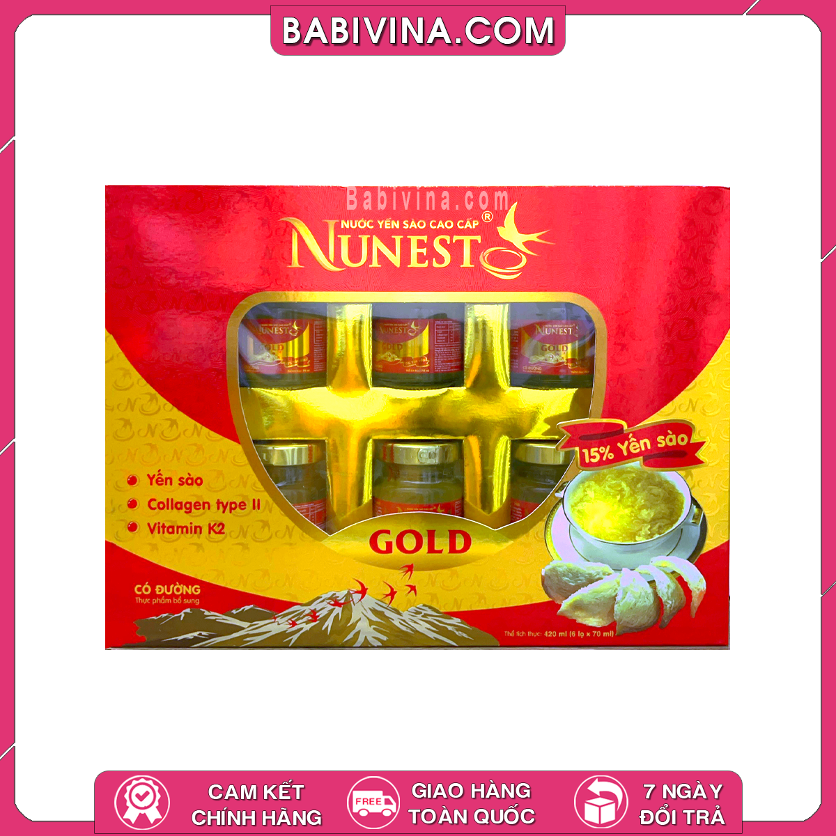 Nước Yến Sào Cao Cấp Nunest Gold - Hộp 6 Lọ (6 x 70ml) | Bổ Sung Dinh Dưỡng - Tăng Cường Sức Đề Kháng | Mua Hàng Chính Hãng, Giá Rẻ Nhất Tại Babivina