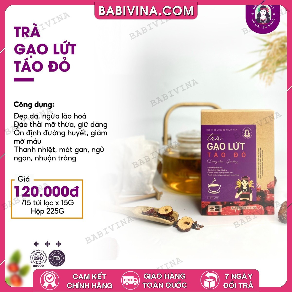 Trà Gạo Lứt Táo Đỏ BH.Nong 225g l Dưỡng Nhan, Giữ Dáng l Tổng Kho, Nhà Phân Phối Babivina