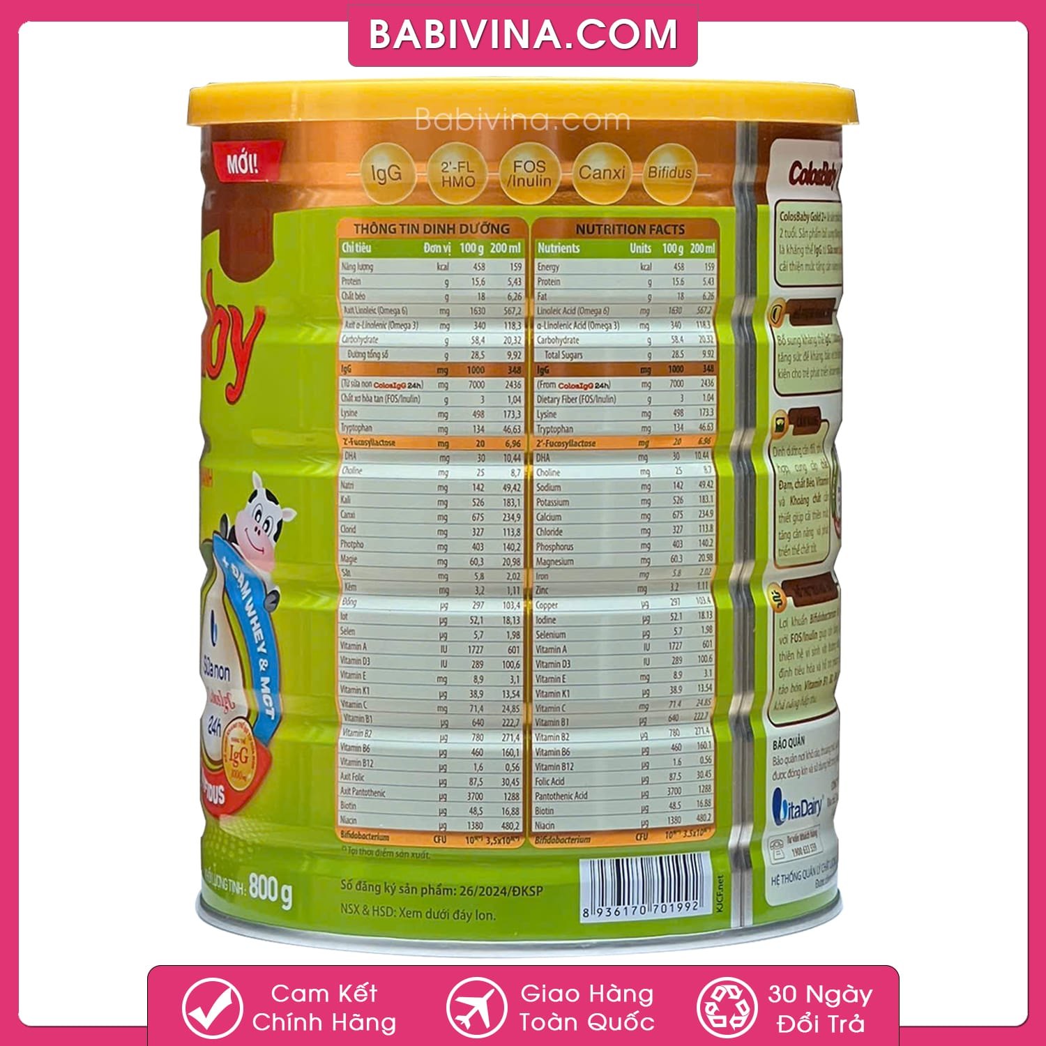 Sữa Colosbaby Gold 2+ 800g | Trẻ Từ 2 Tuổi Trở Lên Với Kháng Thể Sữa Non Từ Mỹ, Giúp Trẻ Tăng Cân Vượt Trội | Hãng Vitadairy Việt Nam | Babivina Sữa Chính Hãng, Bán Lẻ Giá Sỉ