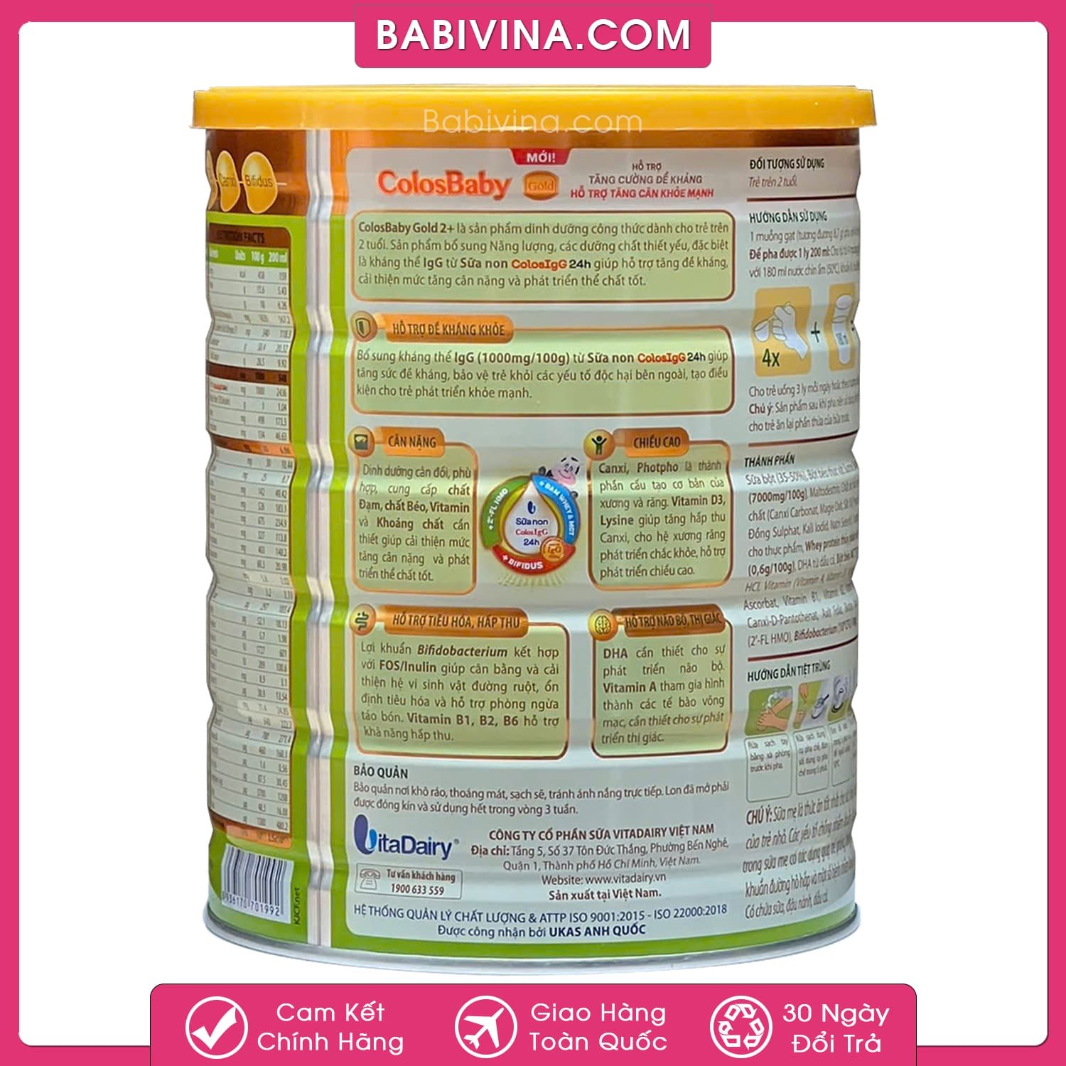 Sữa Colosbaby Gold 2+ 800g | Trẻ Từ 2 Tuổi Trở Lên Với Kháng Thể Sữa Non Từ Mỹ, Giúp Trẻ Tăng Cân Vượt Trội | Hãng Vitadairy Việt Nam | Babivina Sữa Chính Hãng, Bán Lẻ Giá Sỉ