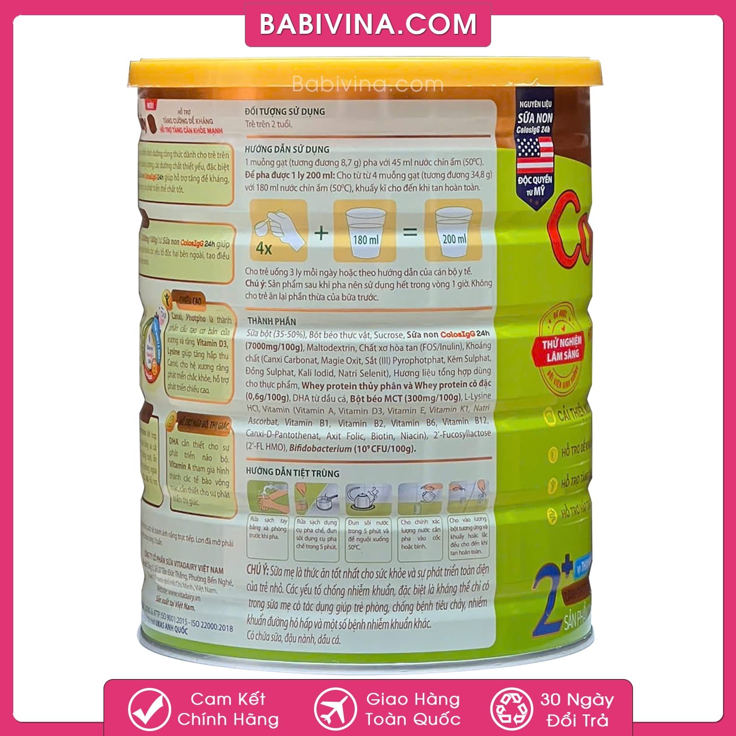 Sữa Colosbaby Gold 2+ 800g | Trẻ Từ 2 Tuổi Trở Lên Với Kháng Thể Sữa Non Từ Mỹ, Giúp Trẻ Tăng Cân Vượt Trội | Hãng Vitadairy Việt Nam | Babivina Sữa Chính Hãng, Bán Lẻ Giá Sỉ