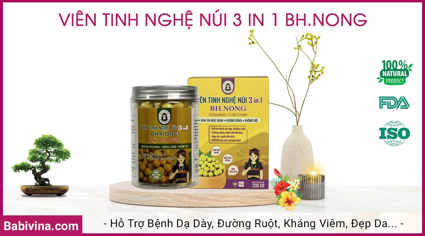 Viên Tinh Nghệ Núi 3 In 1 Bh.Nong | Không Đắng, Thơm Ngon, Tăng Đề Kháng, Giảm Tổn Thương, Tái Tạo Phục Hồi, Đẹp Da, Bệnh Dạ Dày, Đường Ruột | Bhnong, Bh Nong | Tổng Kho Phân Phối Babivina