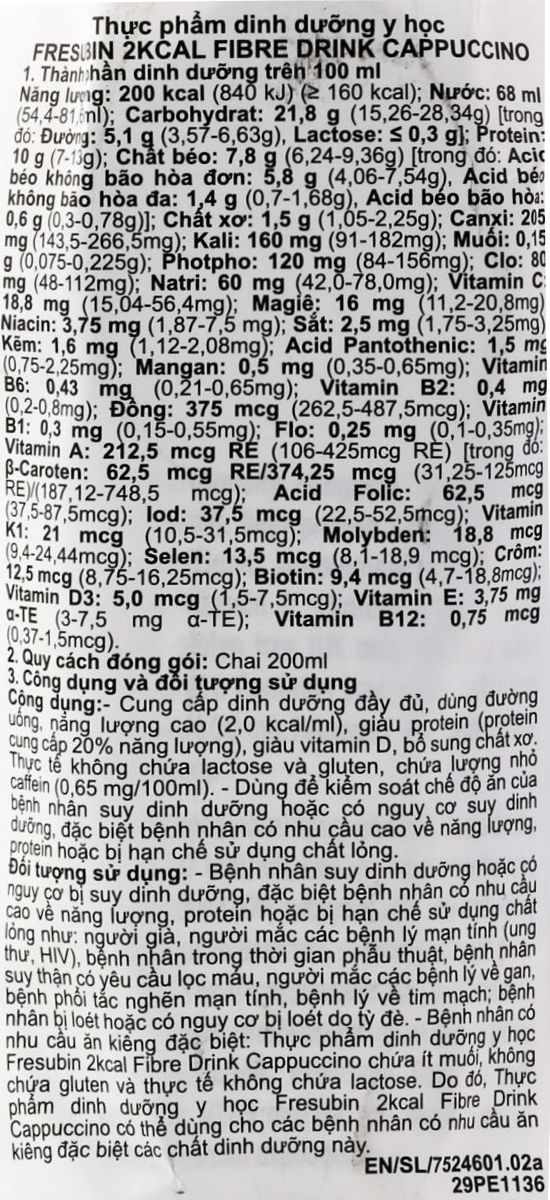 Sữa Fresubin 2 KCal Fibre 200ml Bảng Thành Phần Dinh Dưỡng