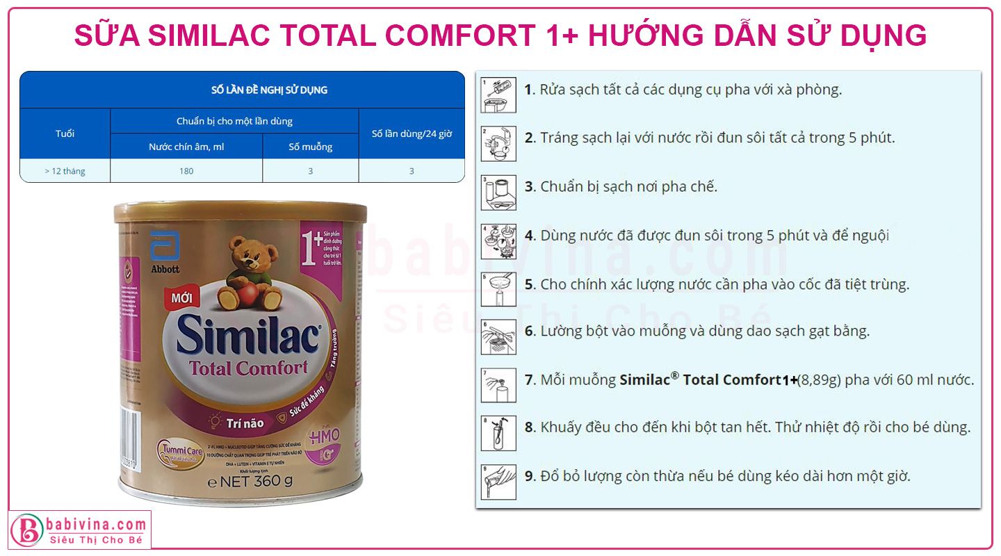 Sữa Similac Total Comfort 1+ 360g, bé 1-2 tuổi, Hướng Dẫn Sử Dụng, Cách Pha