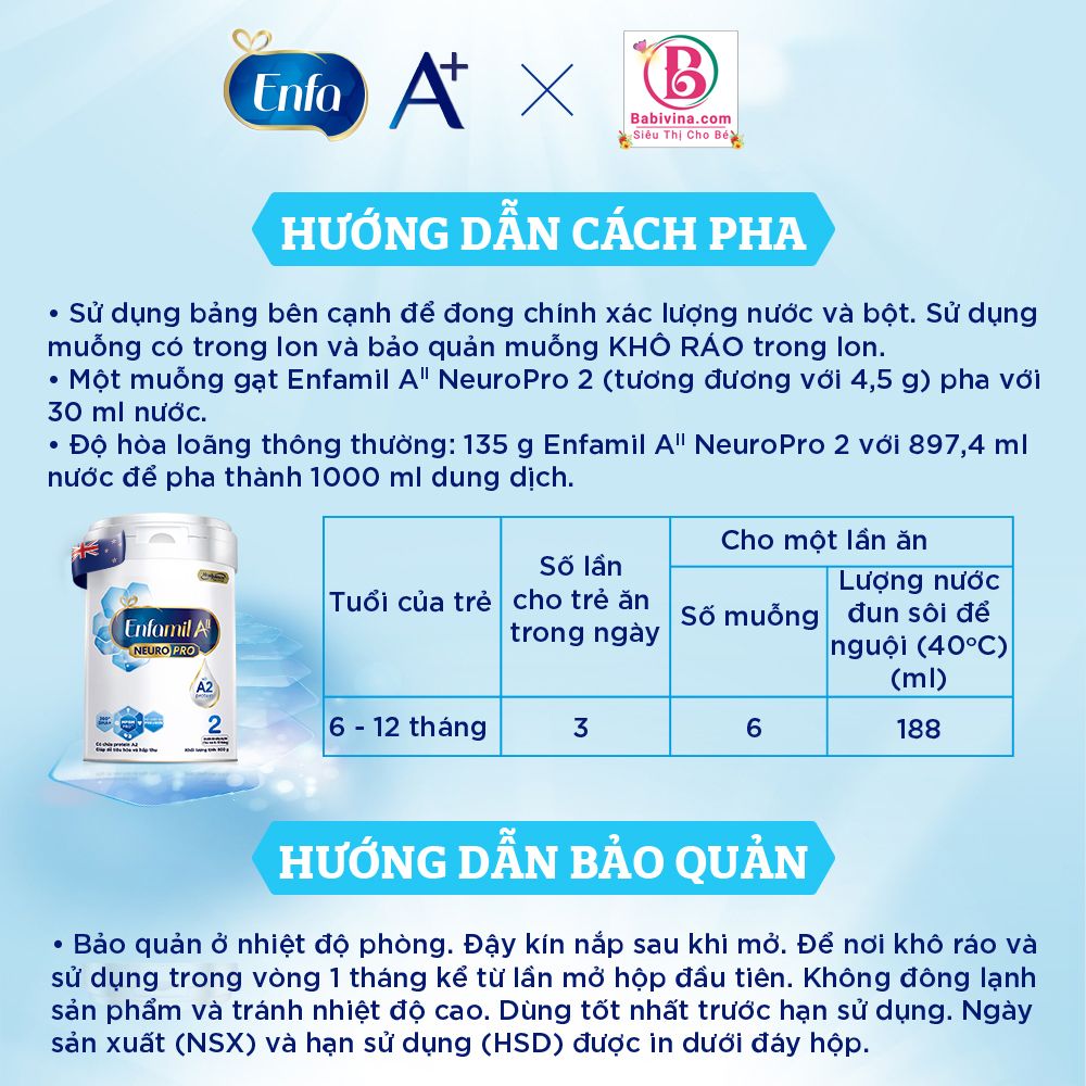 Sữa Enfamil A2 NeuroPro Số 2 Cách Pha, Hướng Dẫn Sử Dụng