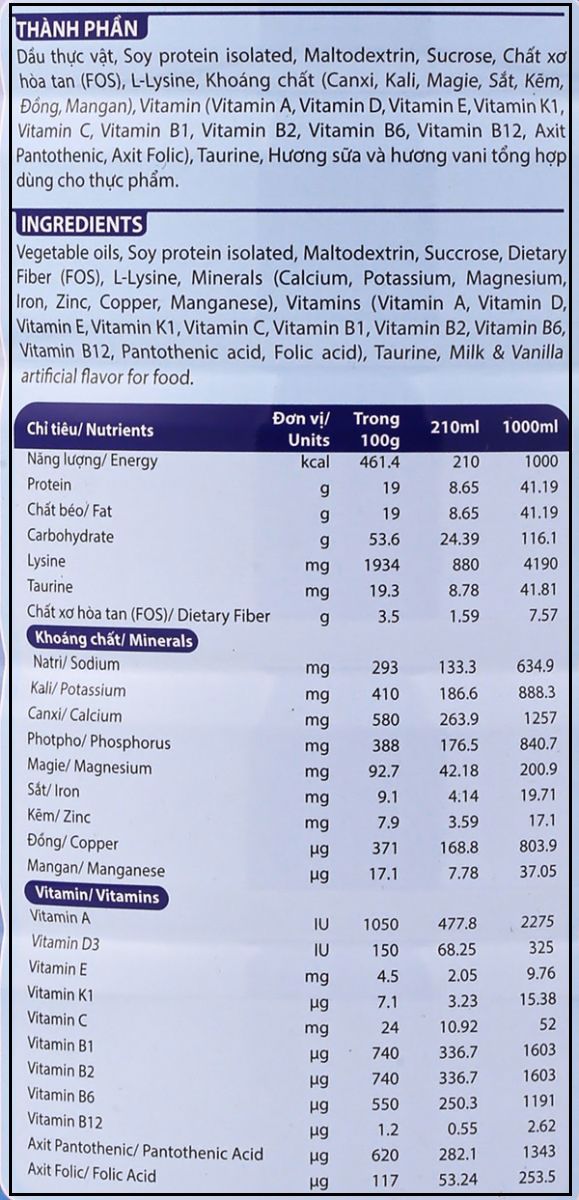 Sữa Calosure Bảng Dinh Dưỡng Chi Tiết