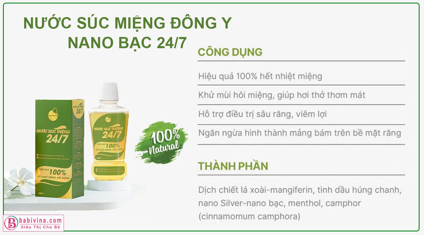 Nước súc miệng đông y thảo dược lá xoài nano bạc 247 thành phần và công dụng