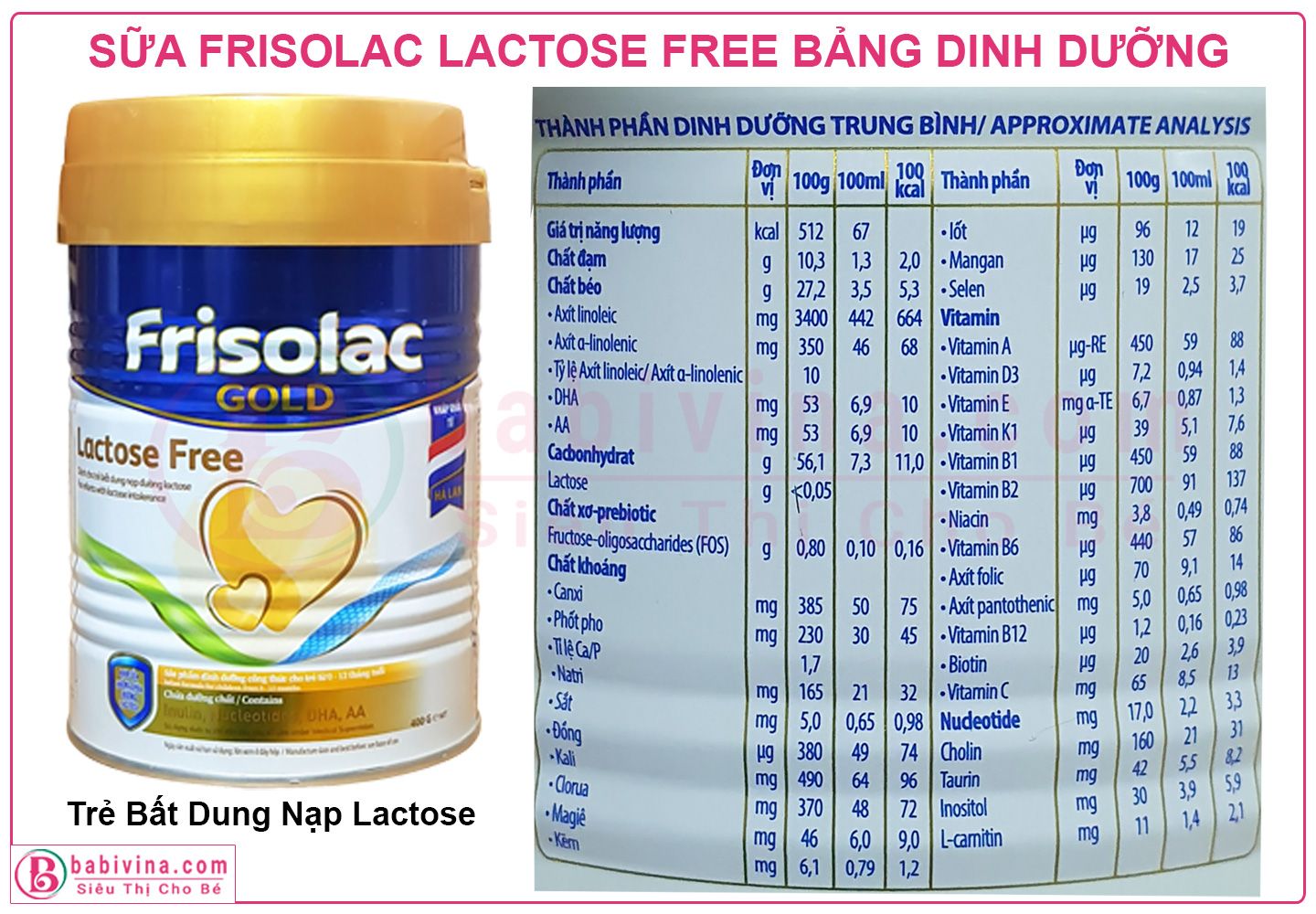 Sữa Frisolac Gold Lactose Free 400g Bảng Dinh Dưỡng Chi Tiết