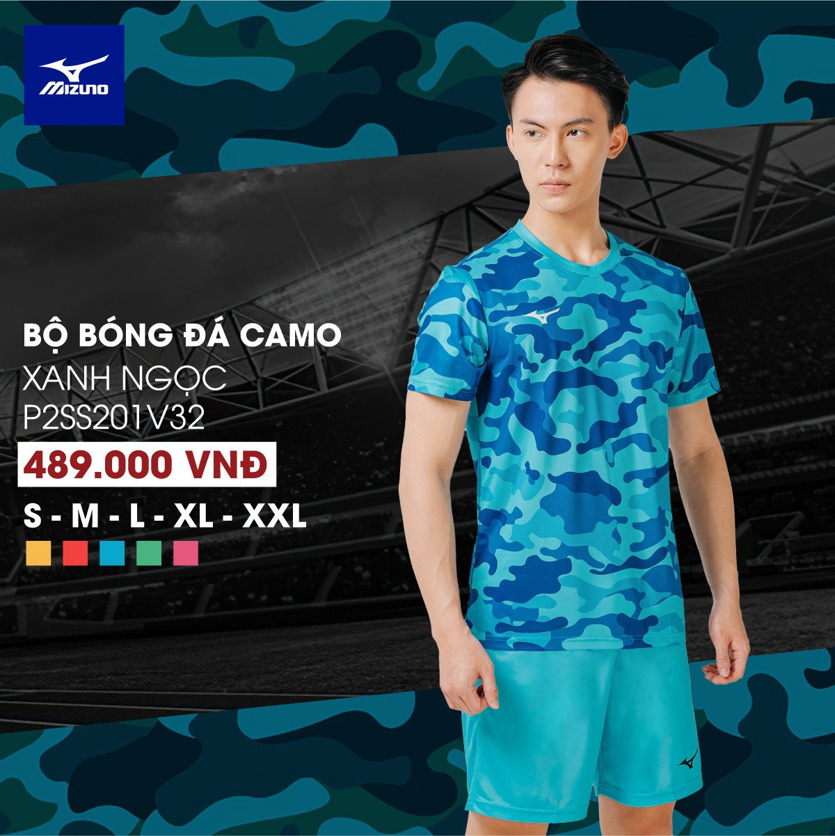 Bộ bóng đá Mizuno CAMO P2SS201V32 - Xanh ngọc