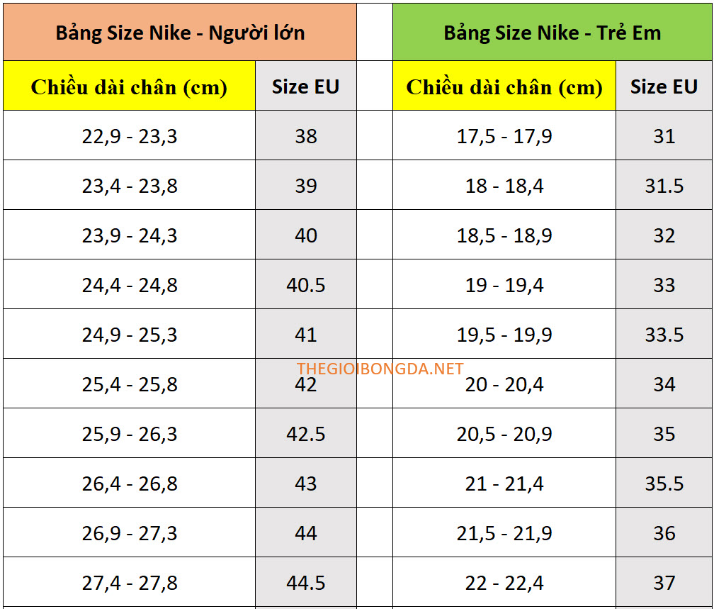 Bảng size giày đá bóng Nike