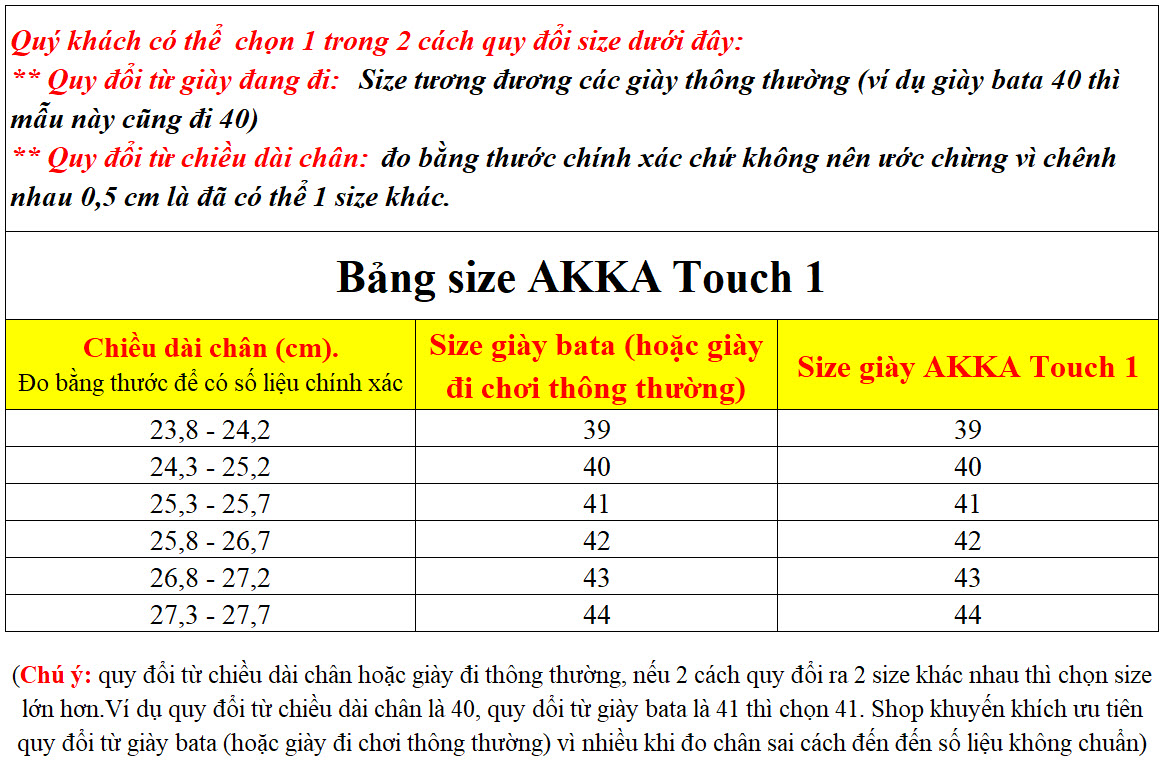 Bảng size Akka touch tf