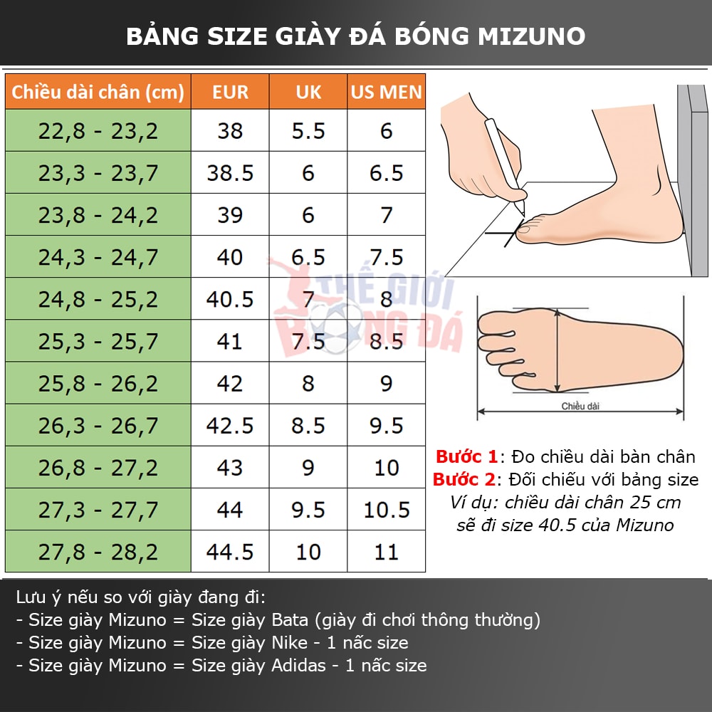 Size giày đá bóng mizuno