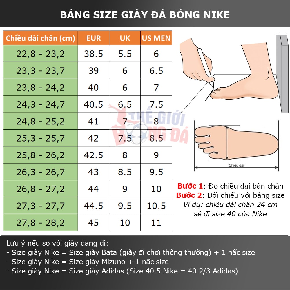 Size giày đá bóng nike