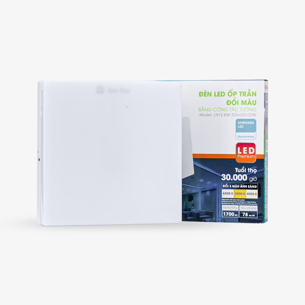 Đèn LED ốp trần vuông đổi màu đế nhôm  LN12 ĐM 220x220/22W
