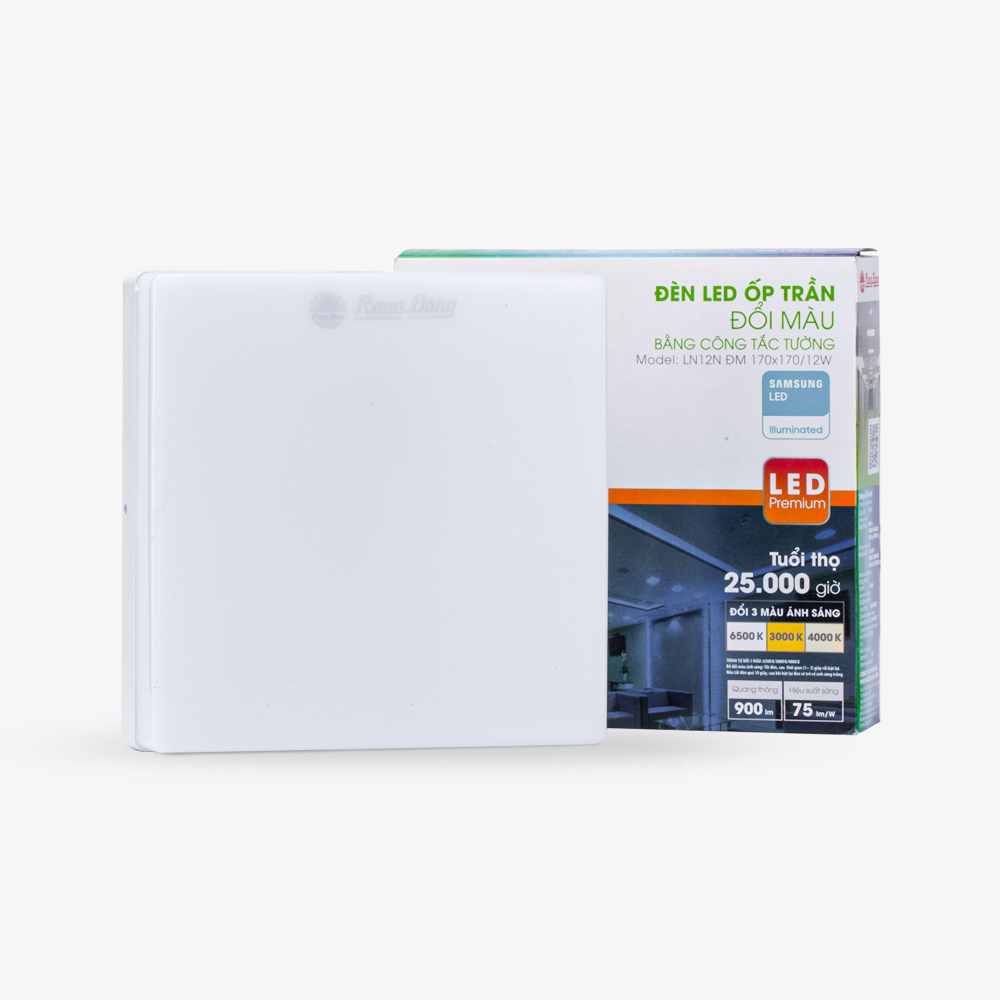 Đèn LED ốp trần vuông đổi màu đế nhựa  LN12N ĐM 170x170/12W