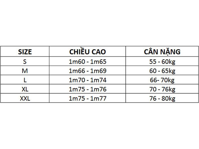 Lựa size áo theo chiều cao cân nặng