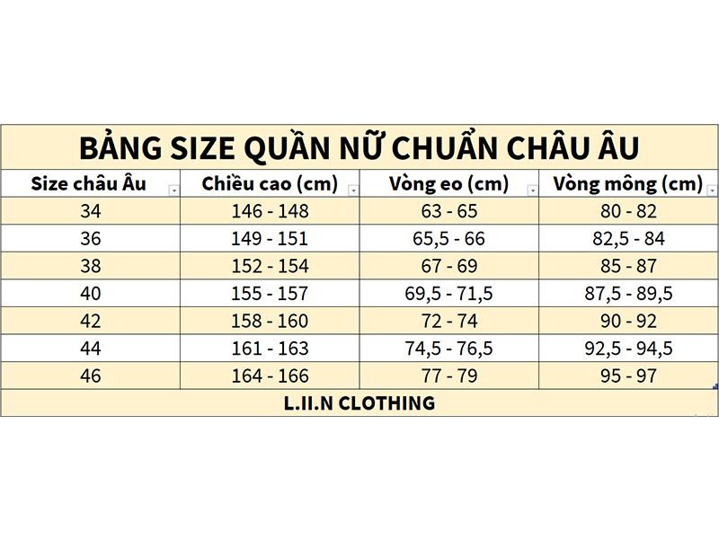 Bảng size quần nữ chuẩn châu Âu