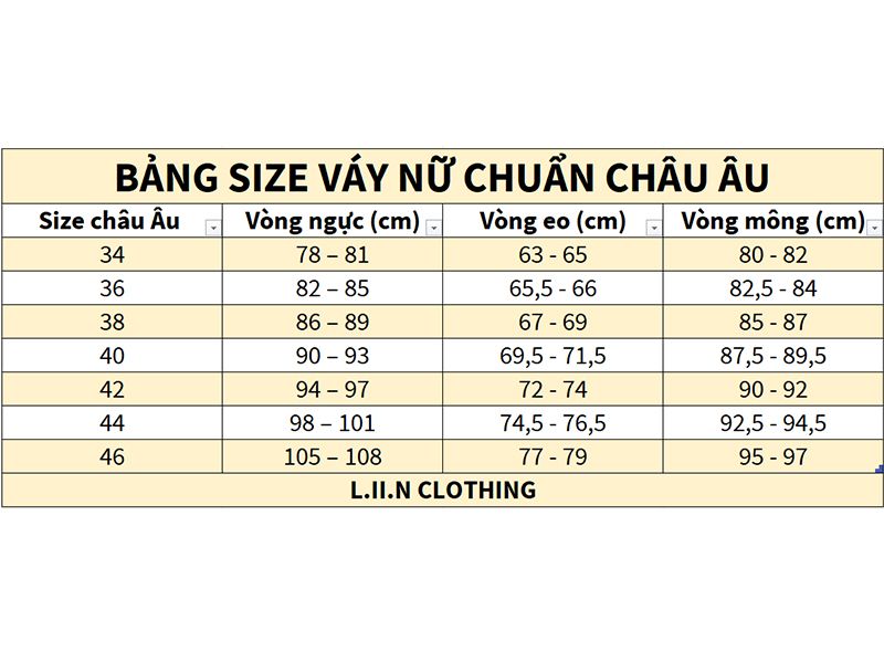 Bảng size váy nữ chuẩn châu Âu