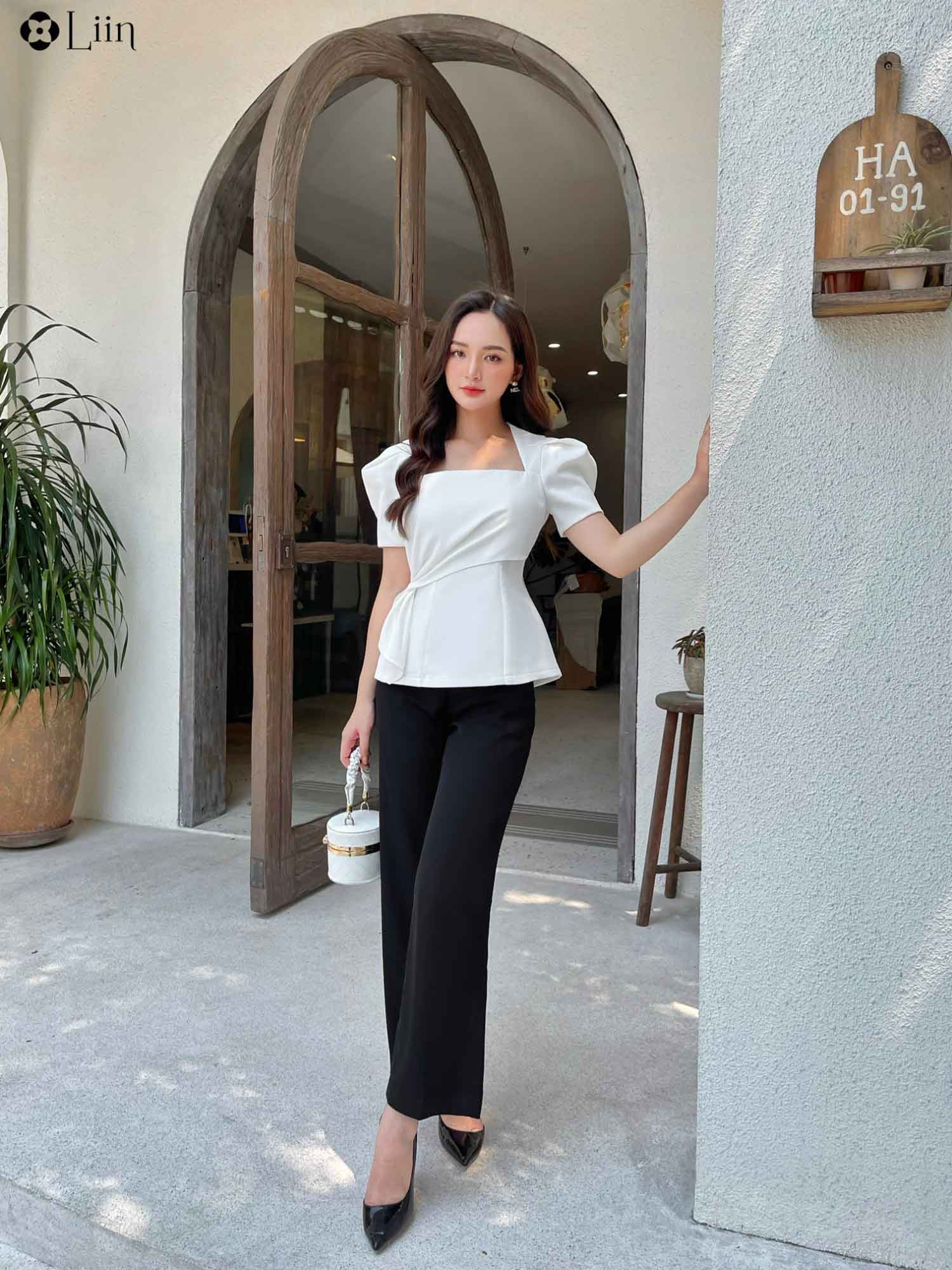 Áo peplum trắng tay bồng