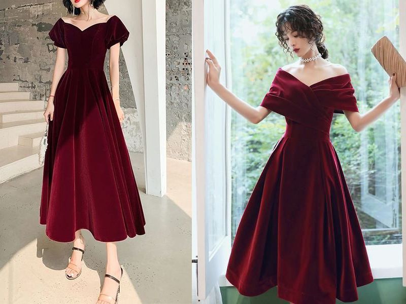 Đầm dạ hội đỏ trễ vai nhúng bèo xẻ tà quyến rũ | Đầm dạ hội đẹp
