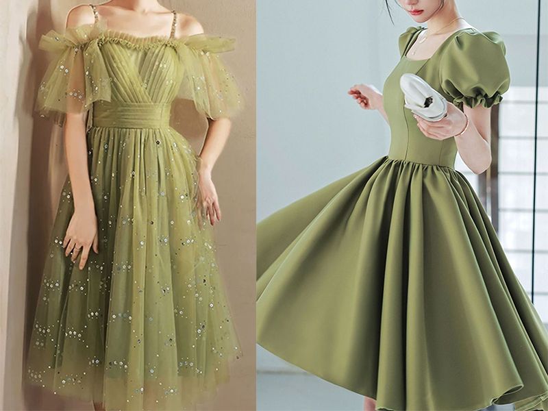 Váy nhung dáng ngắn tay bồng phối màu xanh rêu thời thượng | Váy Đầm