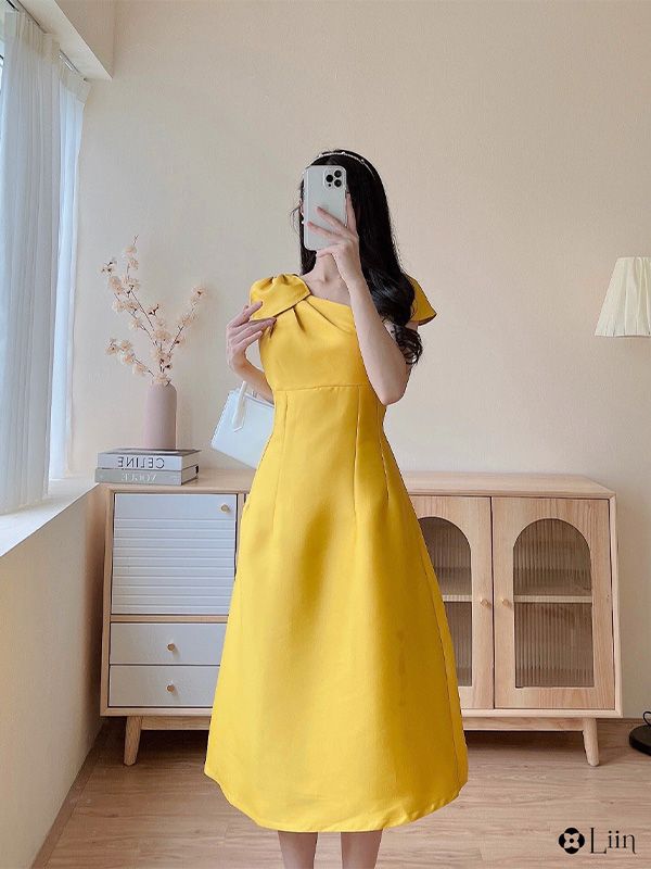 RECHIC Đầm Polana màu vàng cổ vuông tay phồng dáng dài nhún ngực nhẹ nhàng  dễ thương - Đầm, váy nữ | ThờiTrangNữ.vn