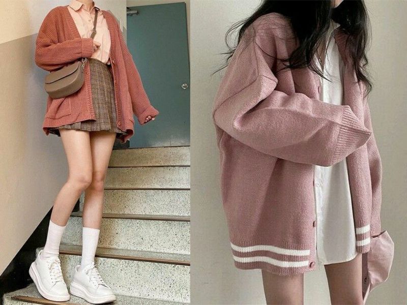 Khoác áo cardigan bên ngoài set đồ với sơ mi