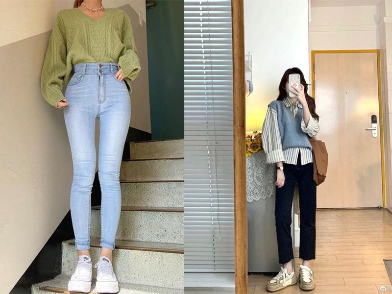 Áo len cổ tim mix cùng quần skinny jeans khoe cá tính