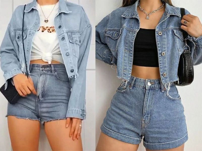 Cách mặc áo jean lửng với quần short phá cách