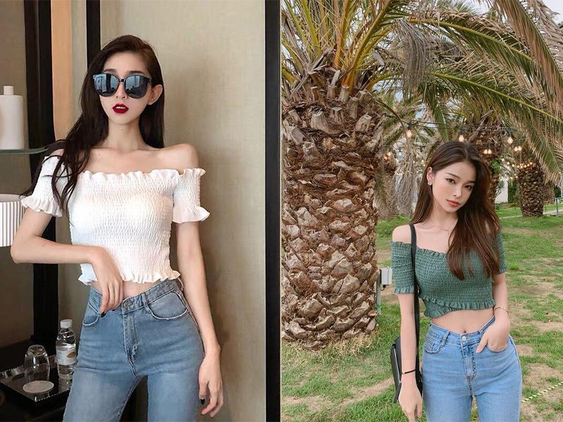 Cách phối áo thun hở vai đơn giản cùng quần jeans