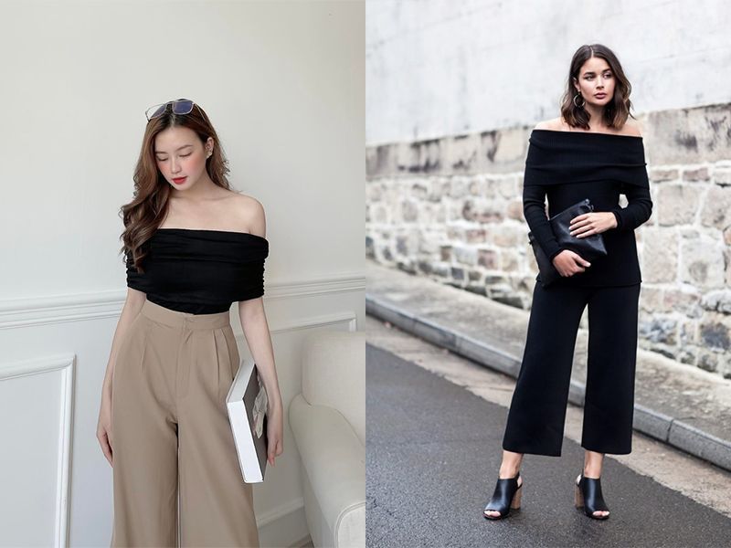 Diện áo trễ vai cùng quần culottes lịch sự, nhã nhặn