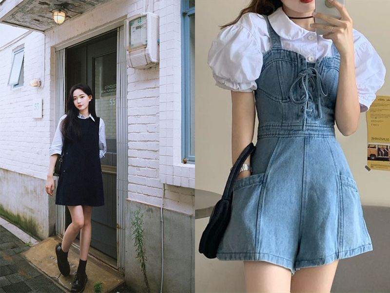 Váy yếm đen đinh nơ phối sơ mi xinh yêu phong cách Hàn Quốc - Tìm Voucher