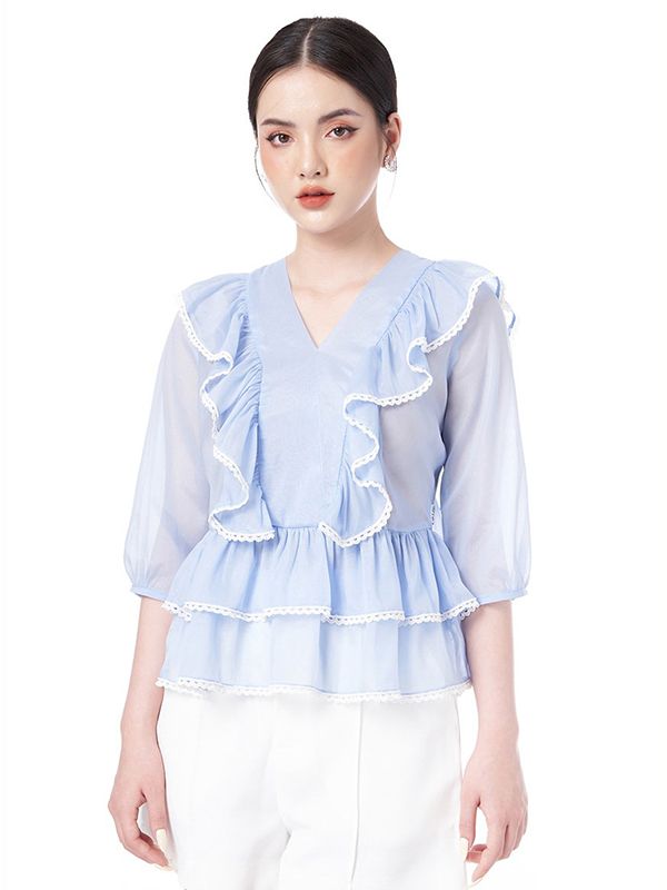 Áo peplum nữ tay phồng nhẹ nhàng màu xanh