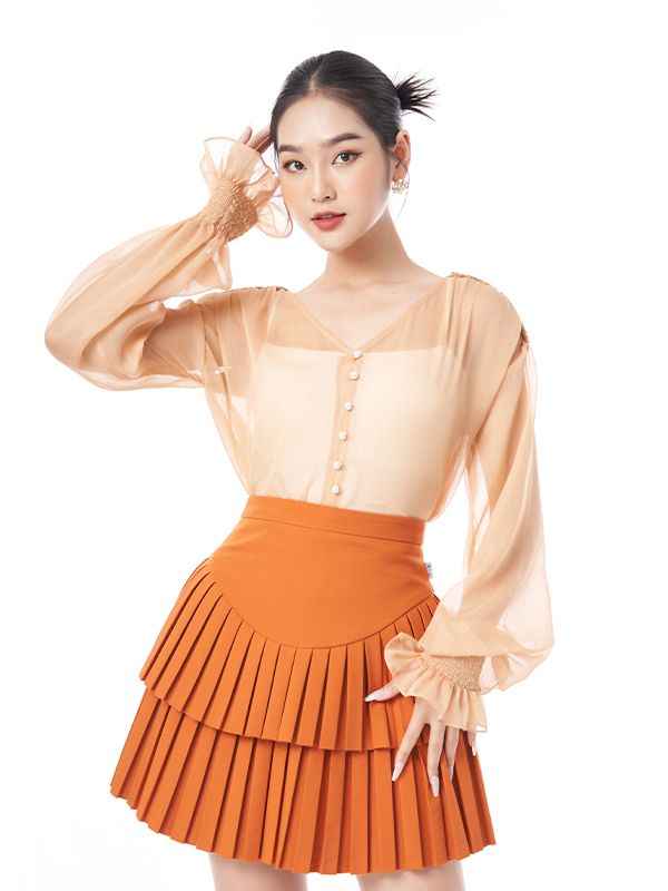 Áo chiffon nâu cổ V