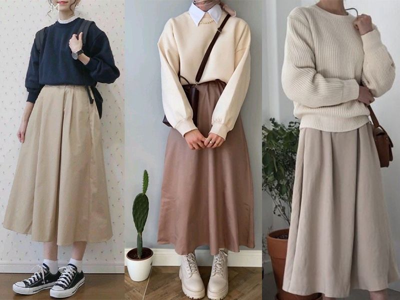 Chân váy midi nữ tính phối với áo sweater