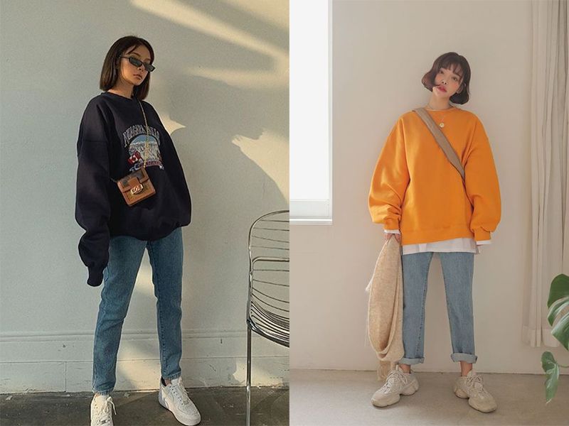 Quần jean năng động mix với áo sweater